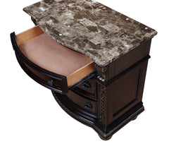 1pc Marble Top Three Drawers Nightstand Intricate Moldings Beautifully Curved Silhouette Brown Dark Cherry Finish Bedroom Solid Wood Furniture