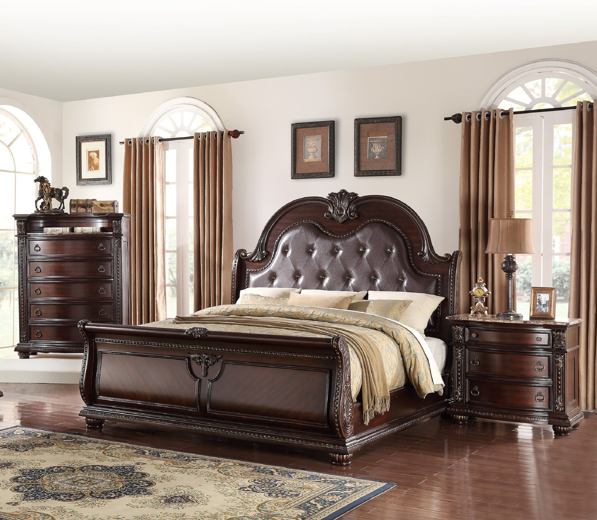 1pc Marble Top Five Drawers Tall Chest Intricate Moldings Beautifully Curved Silhouette Brown Dark Cherry Finish Bedroom Solid Wood Furniture