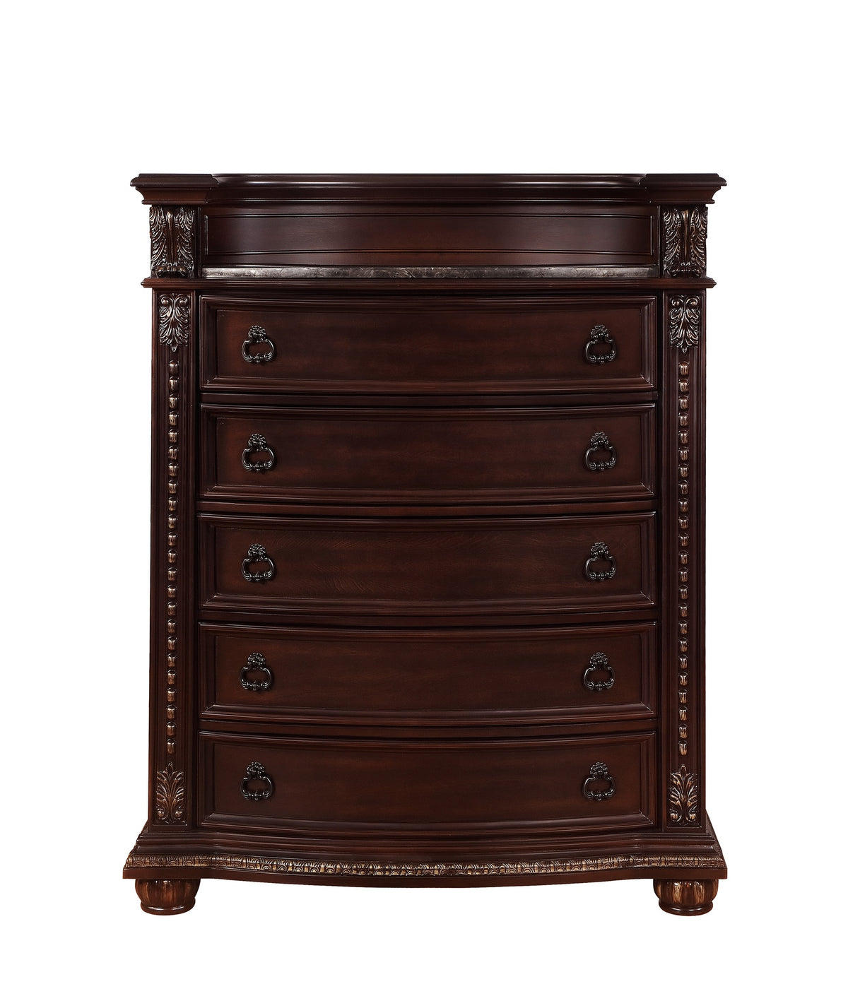 1pc Marble Top Five Drawers Tall Chest Intricate Moldings Beautifully Curved Silhouette Brown Dark Cherry Finish Bedroom Solid Wood Furniture