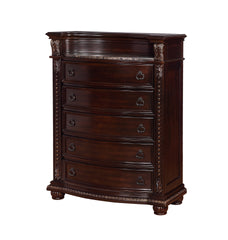 1pc Marble Top Five Drawers Tall Chest Intricate Moldings Beautifully Curved Silhouette Brown Dark Cherry Finish Bedroom Solid Wood Furniture
