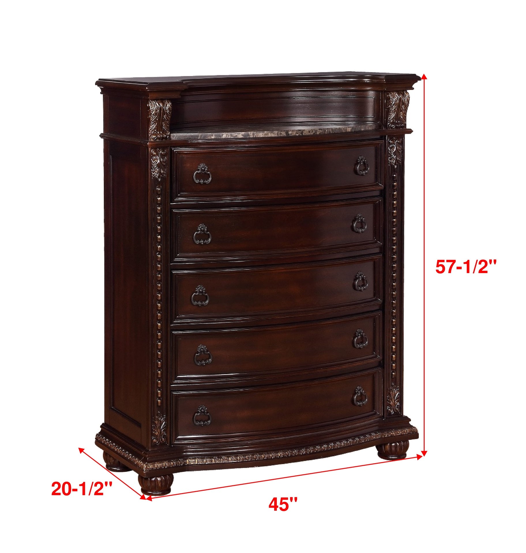 1pc Marble Top Five Drawers Tall Chest Intricate Moldings Beautifully Curved Silhouette Brown Dark Cherry Finish Bedroom Solid Wood Furniture