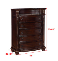 1pc Marble Top Five Drawers Tall Chest Intricate Moldings Beautifully Curved Silhouette Brown Dark Cherry Finish Bedroom Solid Wood Furniture