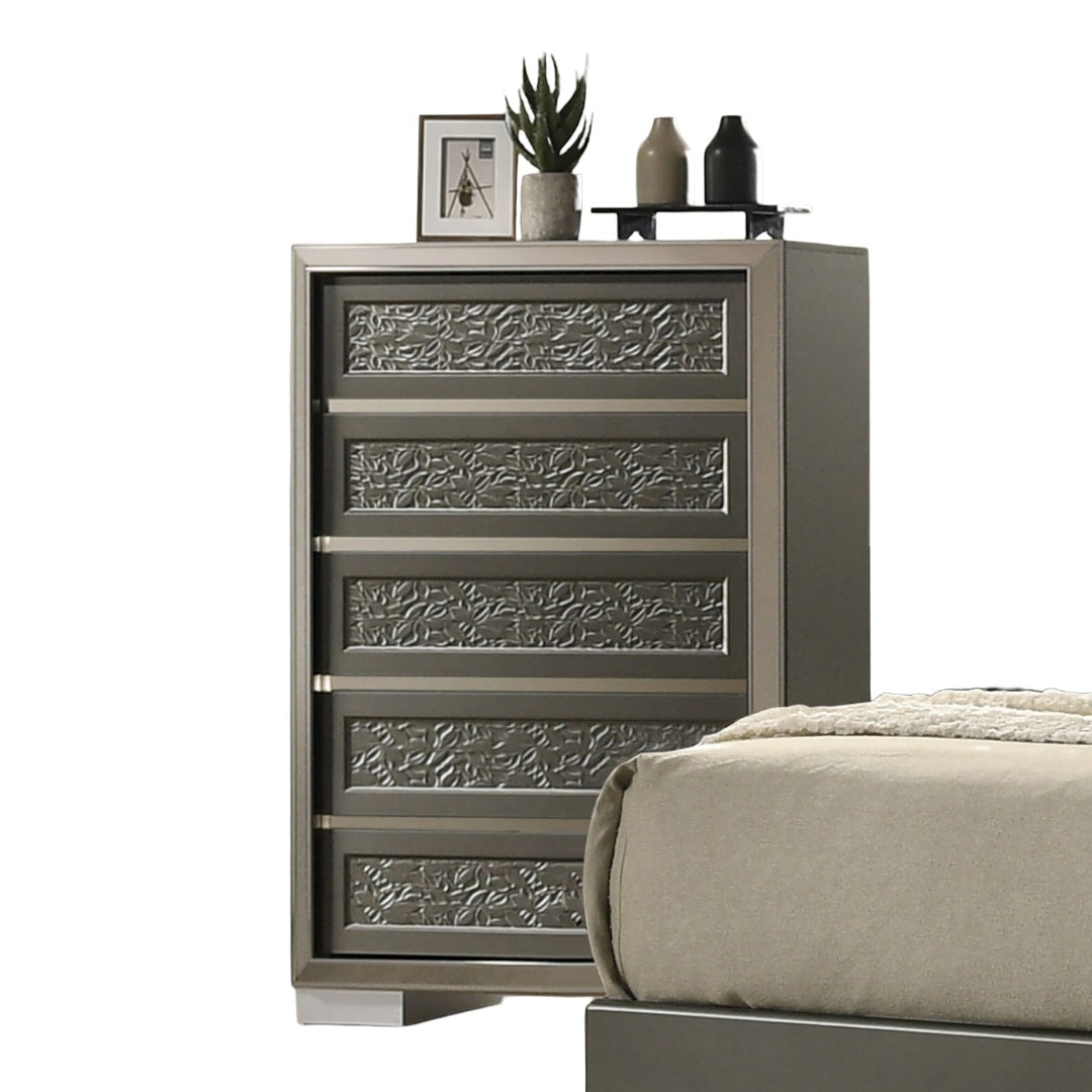 Contemporary Style Chest 1pc 5-Drawers Bracket Feet Leaf Pattern Felt Lined Top Drawers Dark Gray Finish