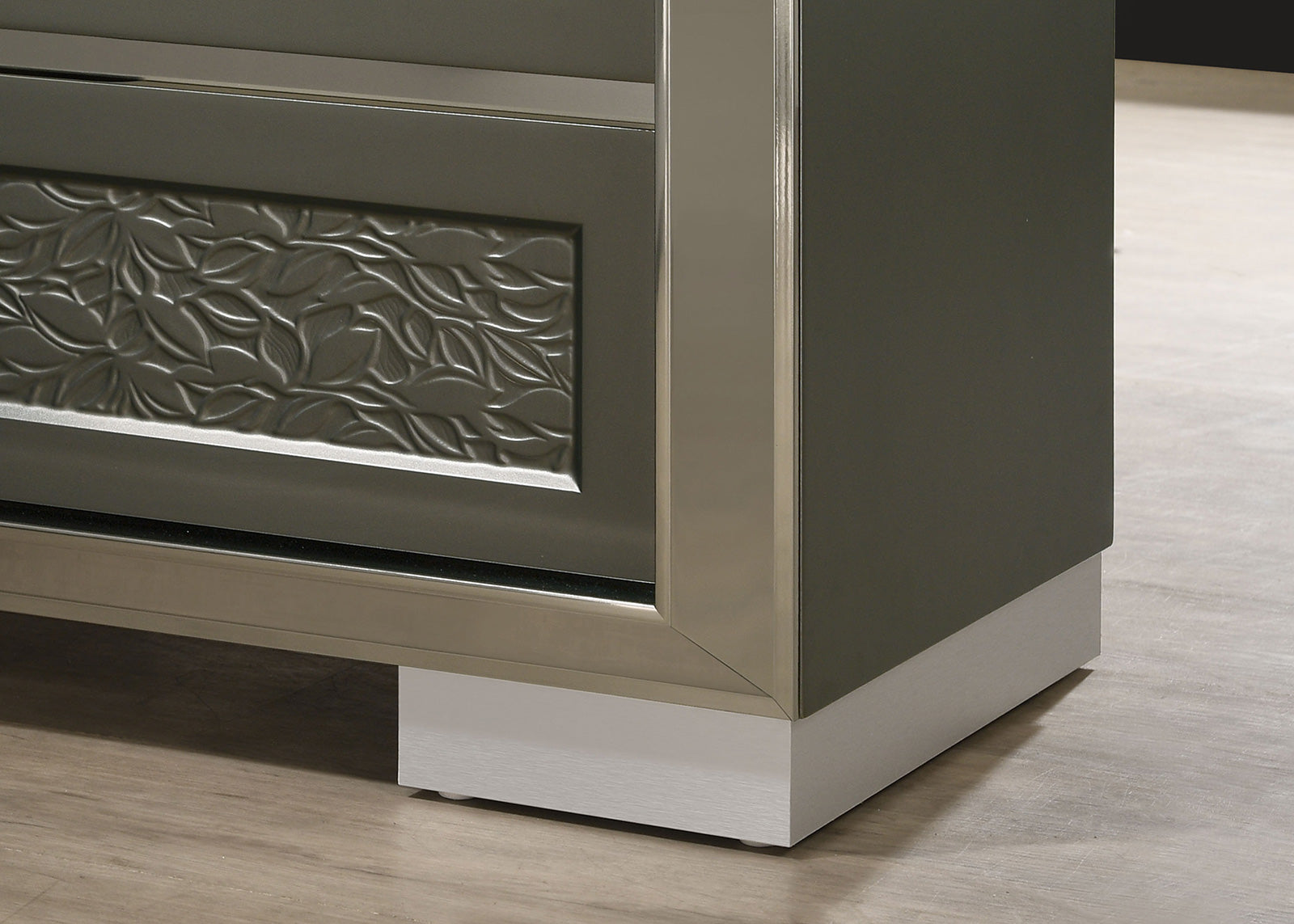 Contemporary Style Chest 1pc 5-Drawers Bracket Feet Leaf Pattern Felt Lined Top Drawers Dark Gray Finish