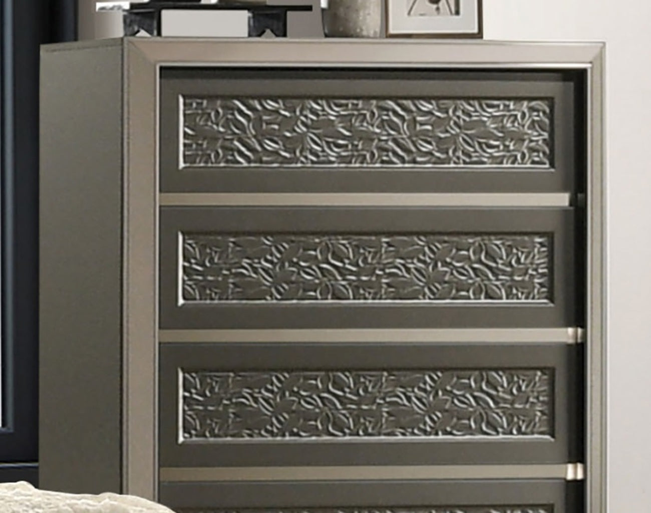 Contemporary Style Chest 1pc 5-Drawers Bracket Feet Leaf Pattern Felt Lined Top Drawers Dark Gray Finish