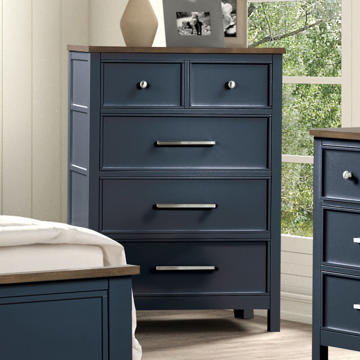 Modern Farmhouse Style 1pc Chest English Dovetail Drawers Ball Bearing Glides Two Tone Design Blue And Dark Brown Finish