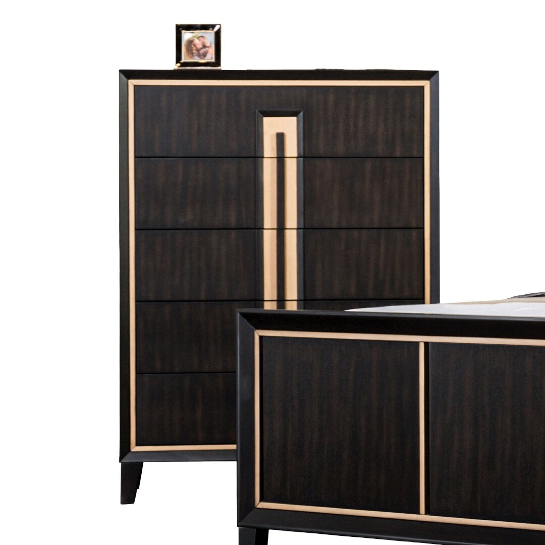 Contemporary Style 5-English Dovetail Drawer Chest 1pc Gold Accent Finish Felt Lined Top Drawer Espresso Finish Bedroom Furniture