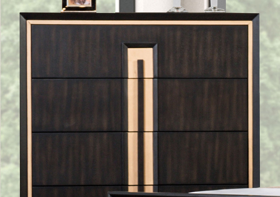 Contemporary Style 5-English Dovetail Drawer Chest 1pc Gold Accent Finish Felt Lined Top Drawer Espresso Finish Bedroom Furniture