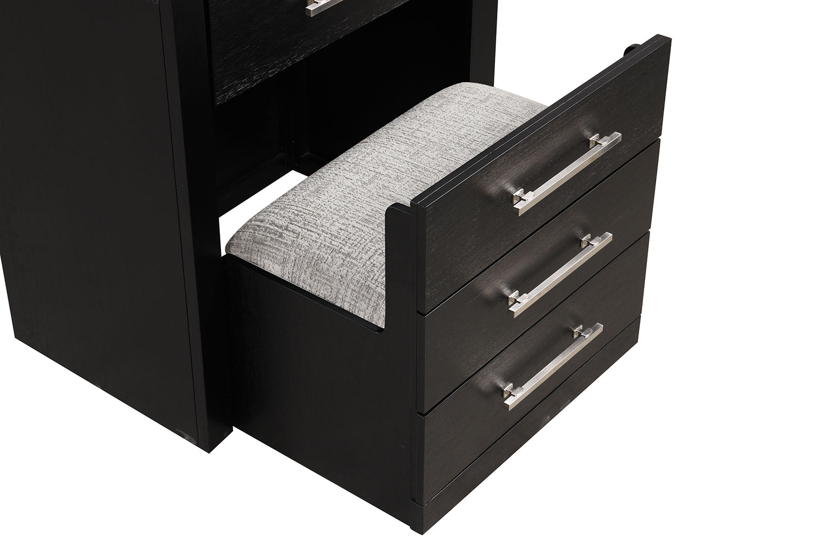 Bedside Vanity Set w/ Stool Black Storage Drawers Nickle Pulls Handles Vanity LED Contemporary Style