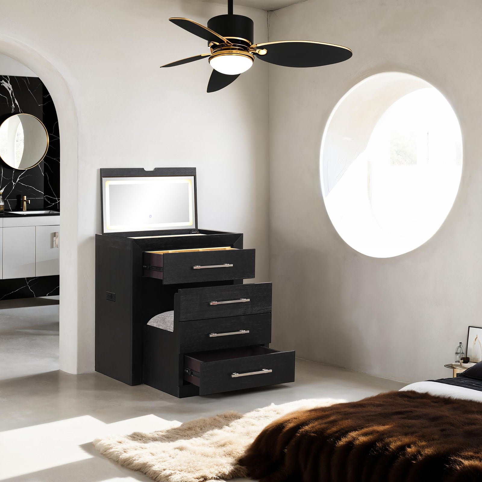Bedside Vanity Set w/ Stool Black Storage Drawers Nickle Pulls Handles Vanity LED Contemporary Style