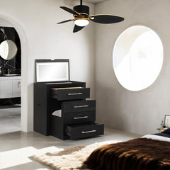 Bedside Vanity Set w/ Stool Black Storage Drawers Nickle Pulls Handles Vanity LED Contemporary Style