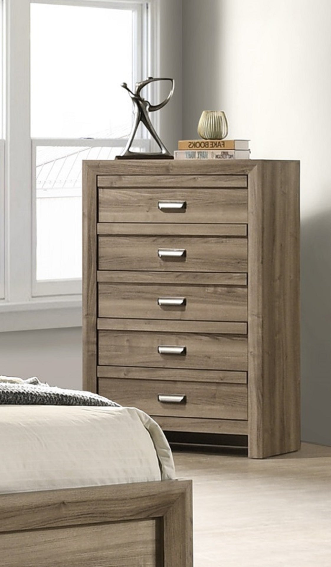 1pc Contemporary Style Five Drawers Storage Tall Chest Wooden Bedroom Furniture Light Brown Warm Wood Finish