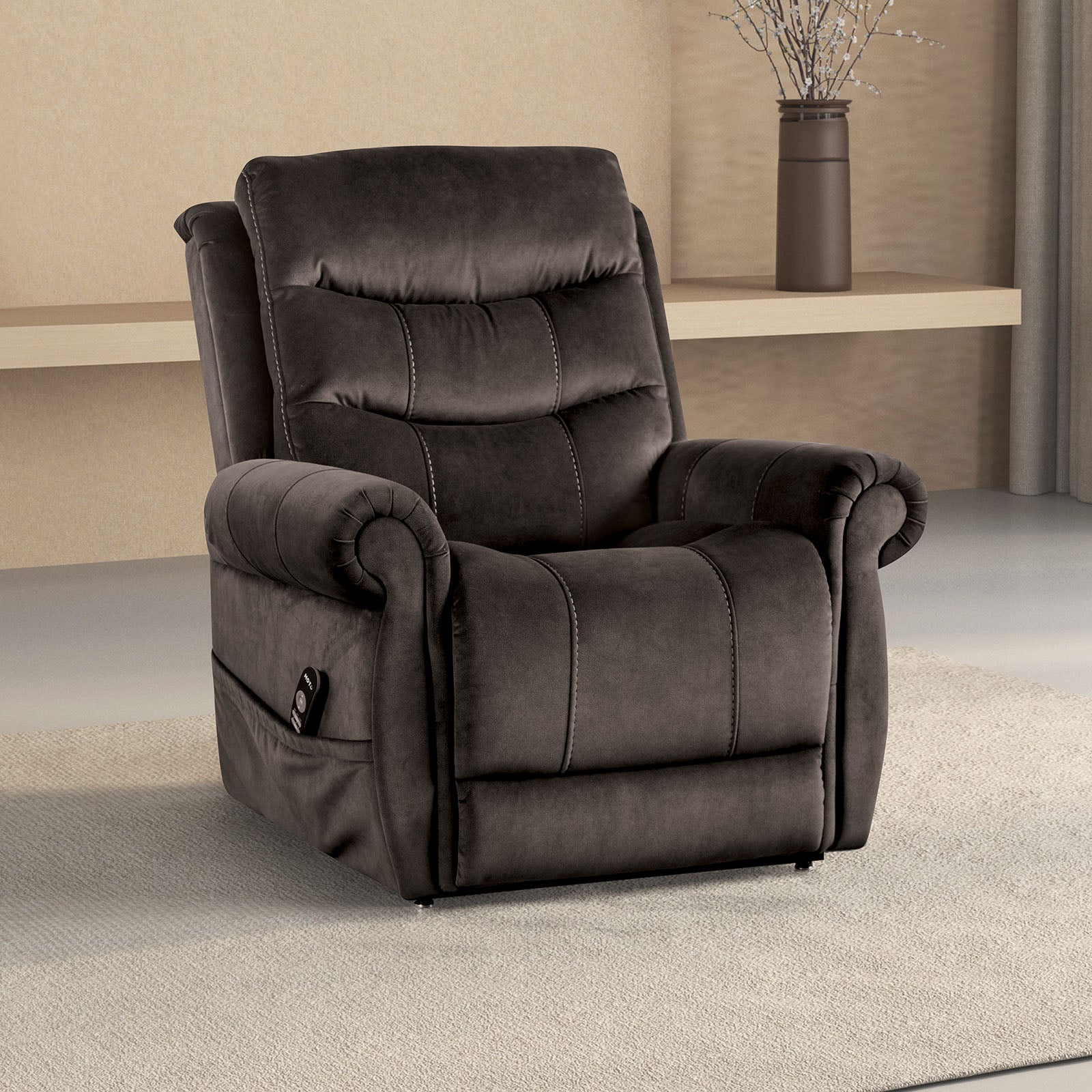 Transitional Style Dark Gray Finish Lift Chair Steel Seat Box Rolled Arms USB Ports Wired Controller Primary Living Room