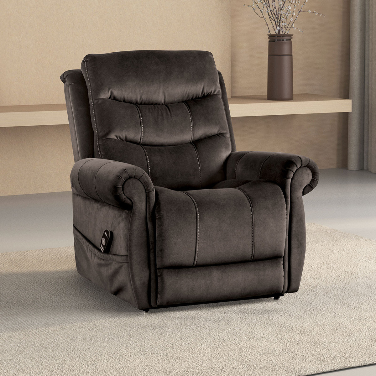Transitional Style Dark Gray Finish Lift Chair Steel Seat Box Rolled Arms USB Ports Wired Controller Primary Living Room