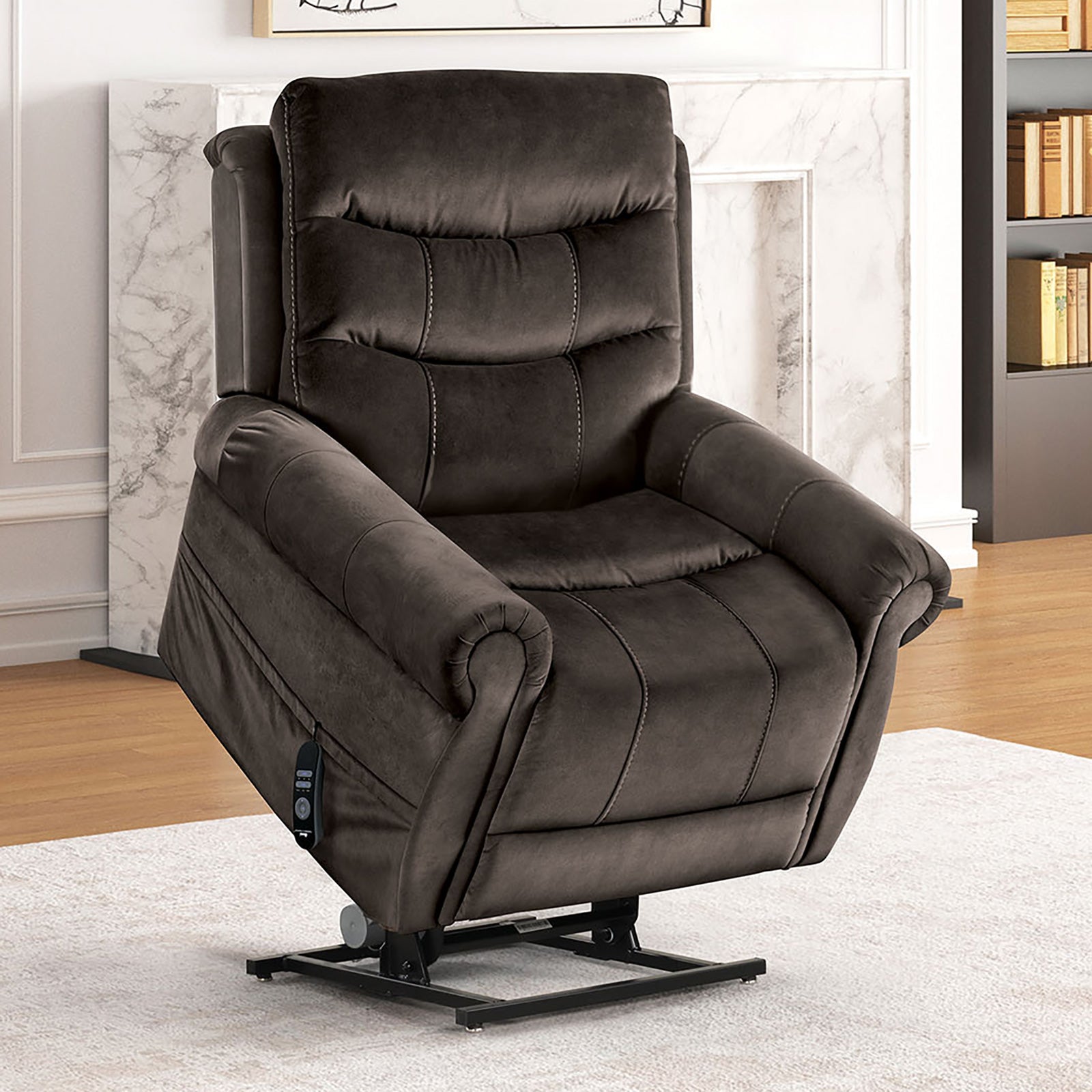 Transitional Style Dark Gray Finish Lift Chair Steel Seat Box Rolled Arms USB Ports Wired Controller Primary Living Room