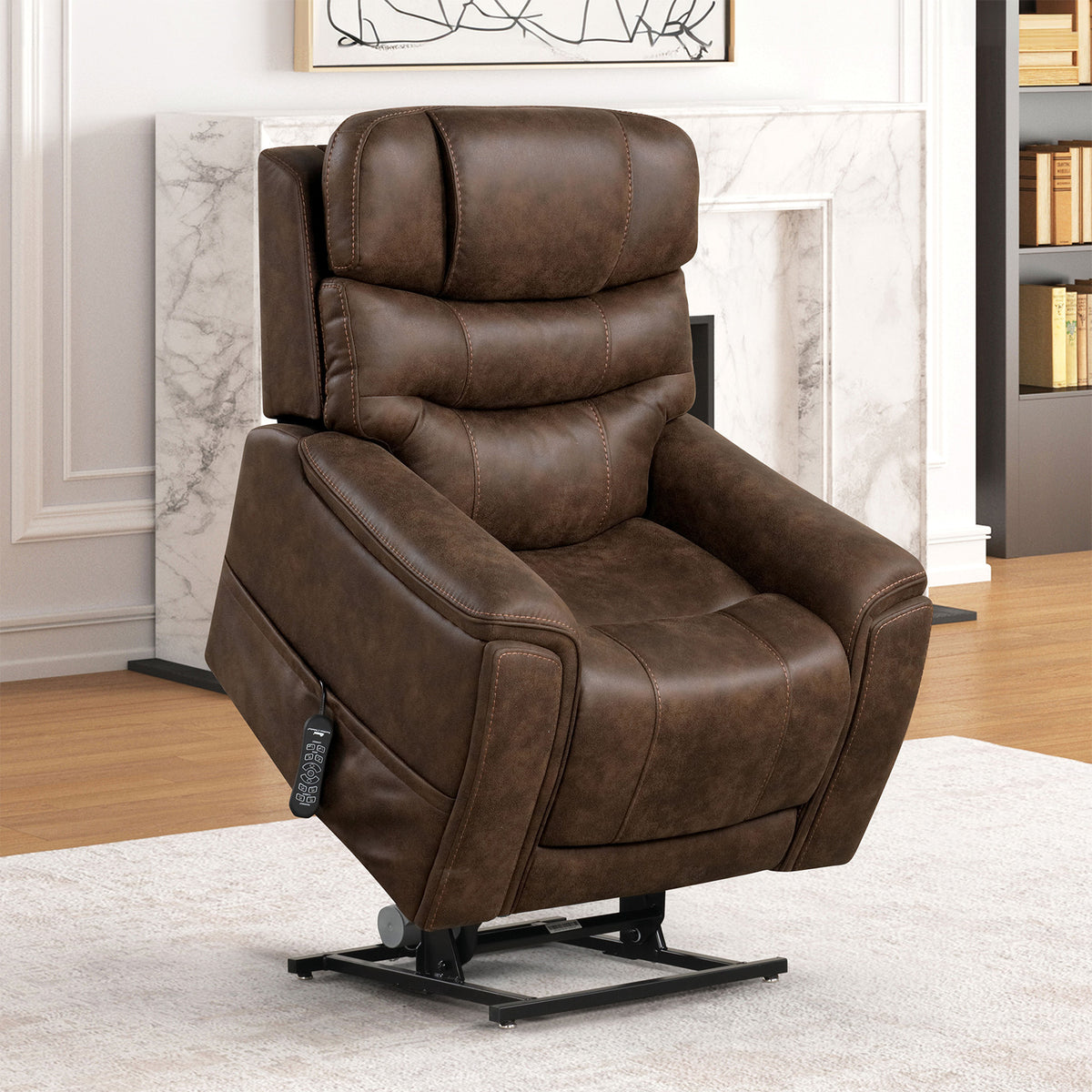 Walnut Finish Transitional Style Lift Chair Dual Lift Motor Mechanism Steel Seat Box USB Port Wired Controller