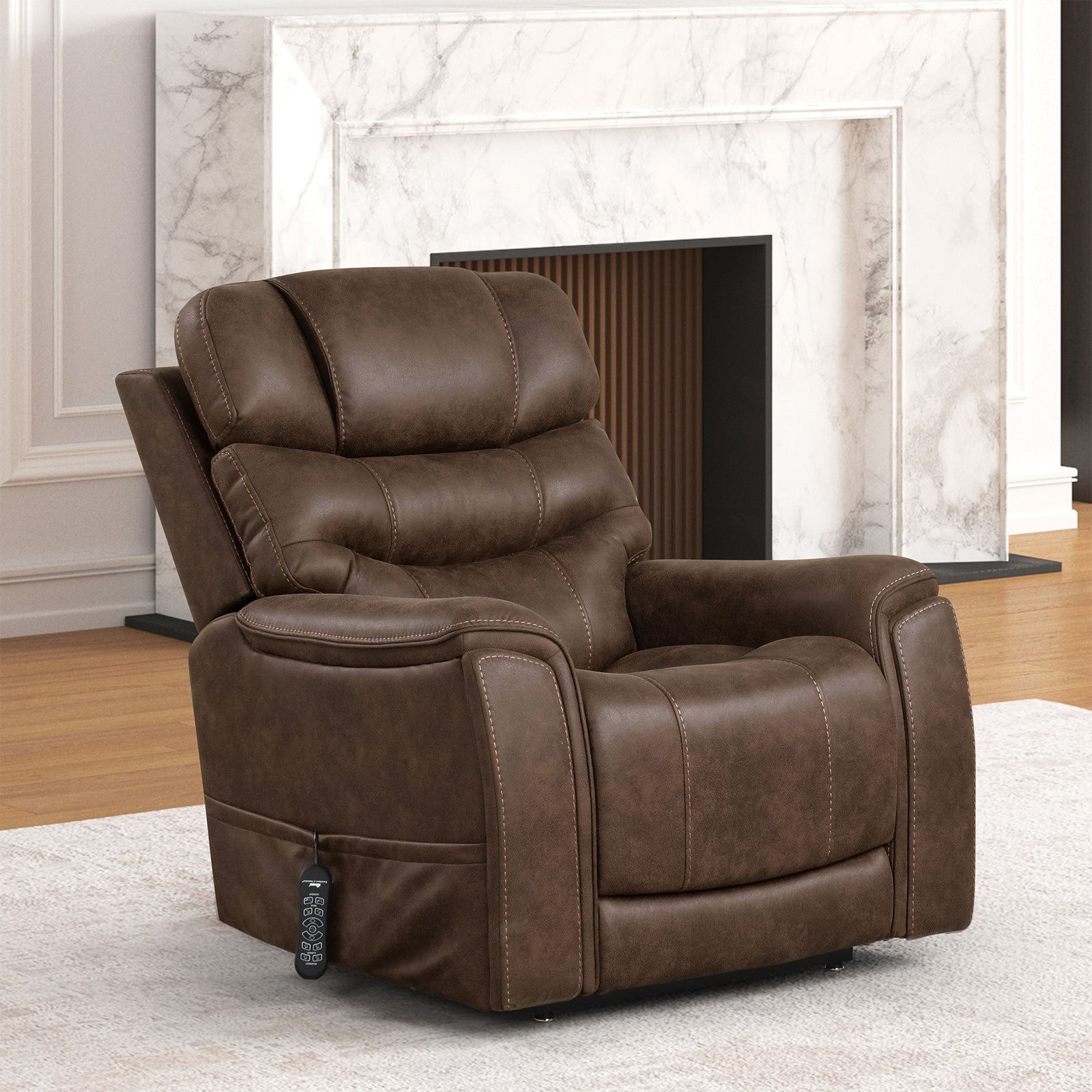Walnut Finish Transitional Style Lift Chair Dual Lift Motor Mechanism Steel Seat Box USB Port Wired Controller