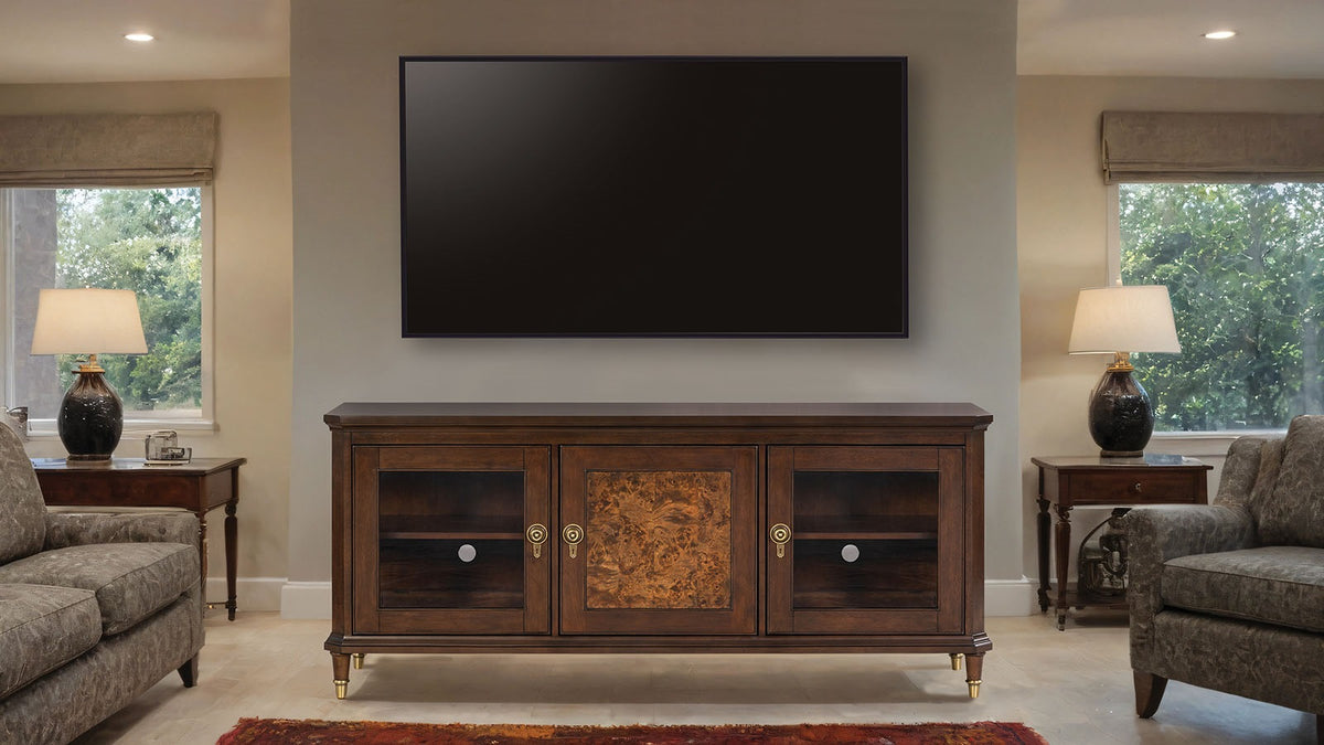Modern Style TV Stand 3 Drawers Gold Round Knobs And Legs Felt Line Drawers Dark Cherry Finish