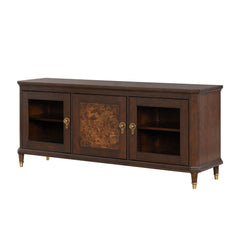 Modern Style TV Stand 3 Drawers Gold Round Knobs And Legs Felt Line Drawers Dark Cherry Finish