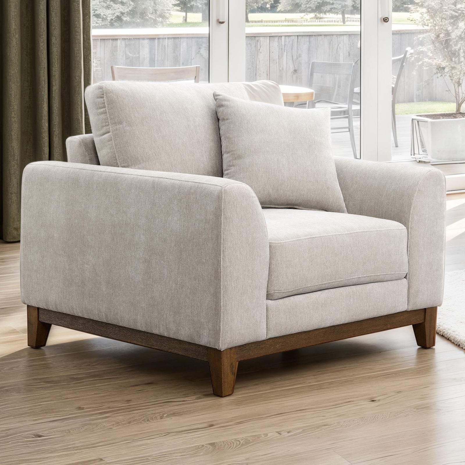 Mid-Century Modern Style 1pc Chair Walnut Wood Trim Tapered Legs Soft Trak Arms Light Gray Finish Throw Pillow Included