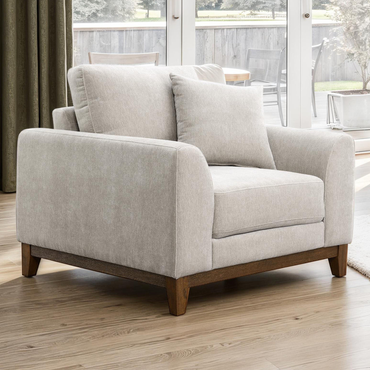 Mid-Century Modern Style 1pc Chair Walnut Wood Trim Tapered Legs Soft Trak Arms Light Gray Finish Throw Pillow Included