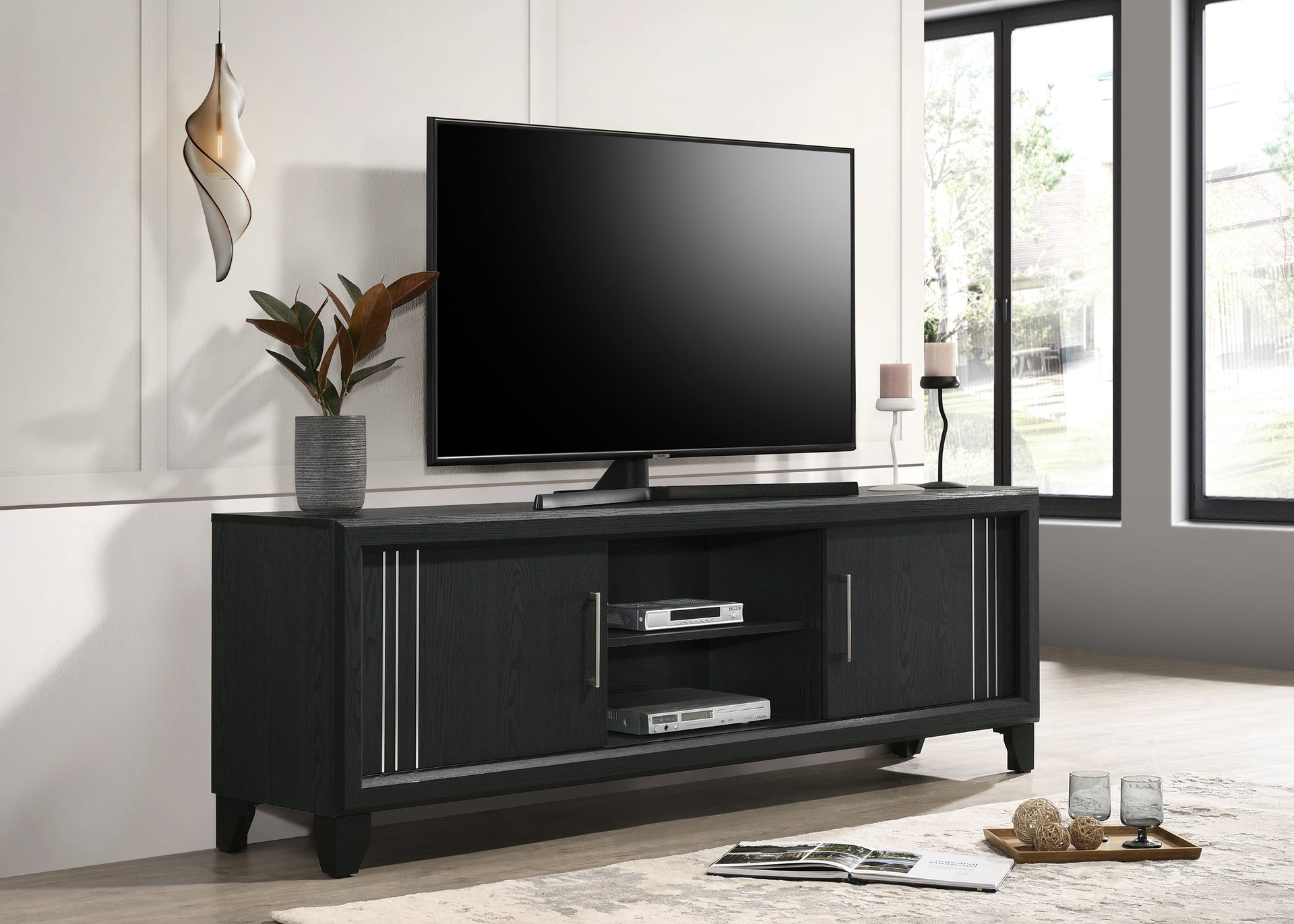 Contemporary 1pc TV Stand Media Console Open Shelves Silver-toned Hardware Entertainment Console Wooden Living Room Furniture Charcoal Finish