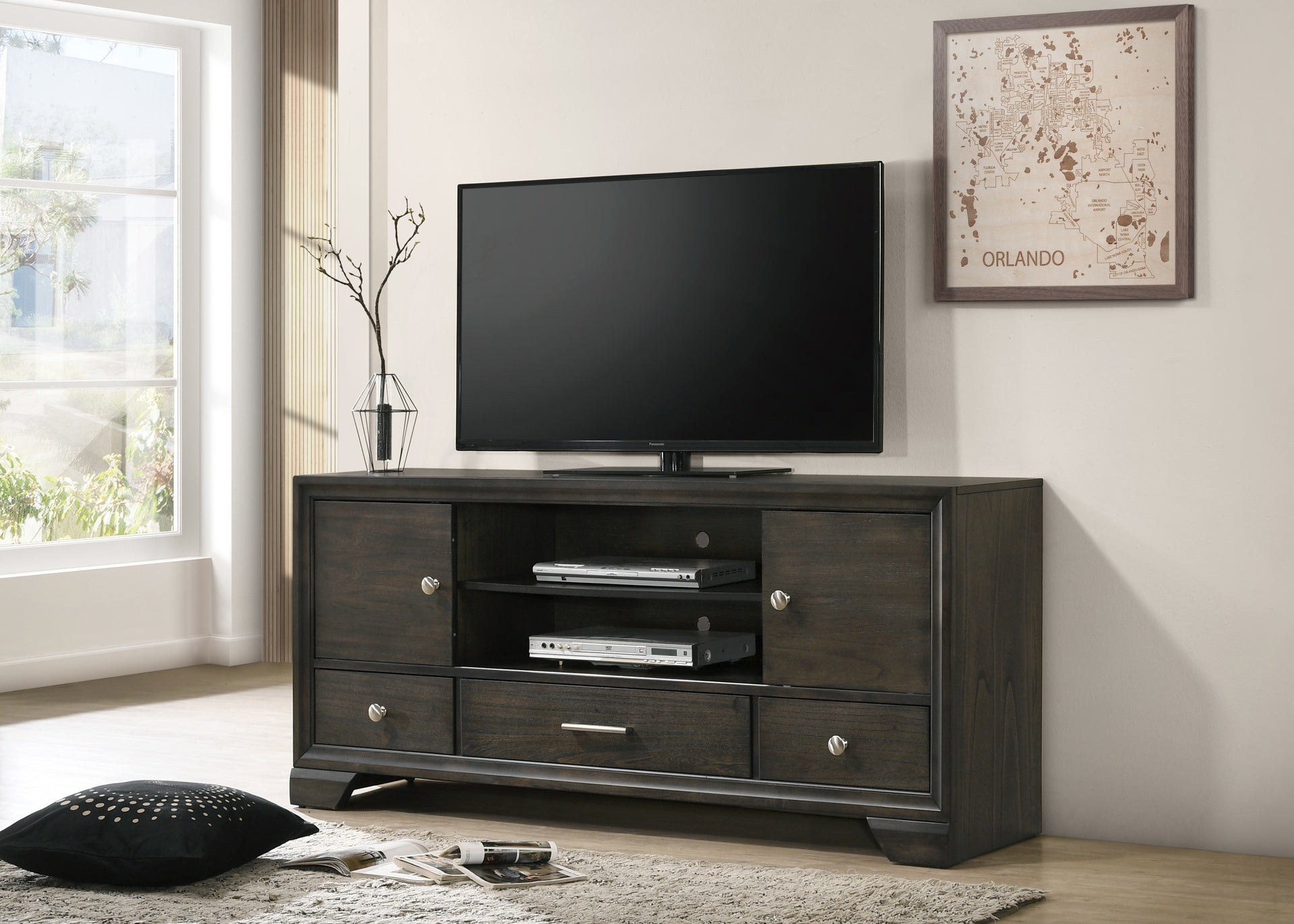 Contemporary TV Stand 1pc Rich Dark Finish Metal Hardware Sliding Doors Open Shelves Lower Drawers Wooden Living Room Furniture Brown