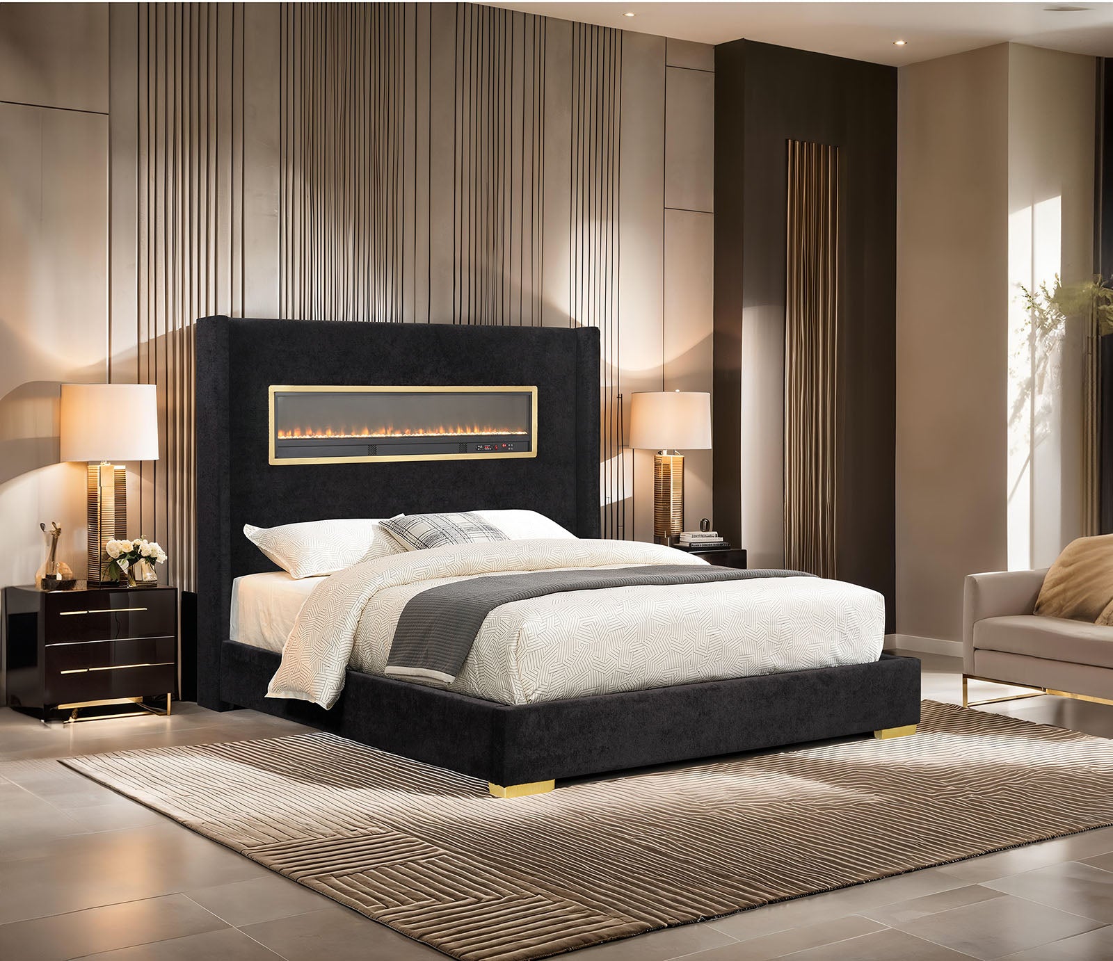 Contemporary Style Black Color 1pc Queen Size Bed Upholstered Fabric Bedframe Bedroom Furniture 3D Fireplace HB