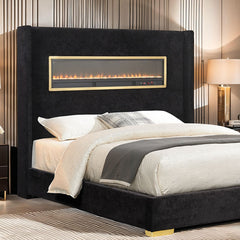 Contemporary Style Black Color 1pc Queen Size Bed Upholstered Fabric Bedframe Bedroom Furniture 3D Fireplace HB