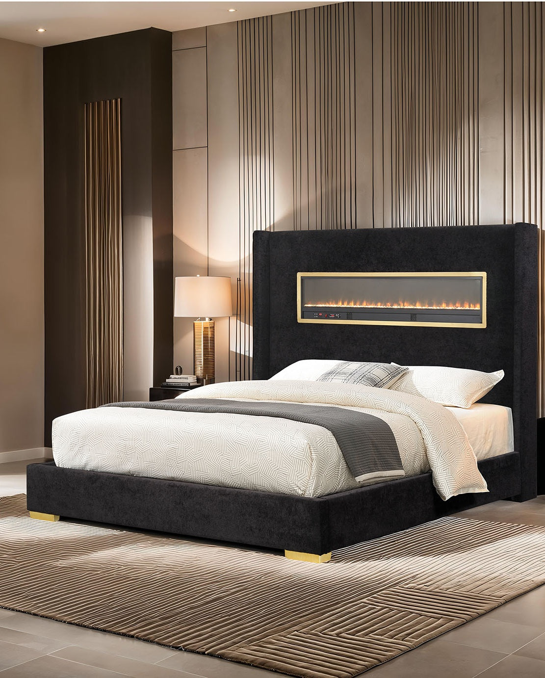 Contemporary Style Black Color 1pc Queen Size Bed Upholstered Fabric Bedframe Bedroom Furniture 3D Fireplace HB