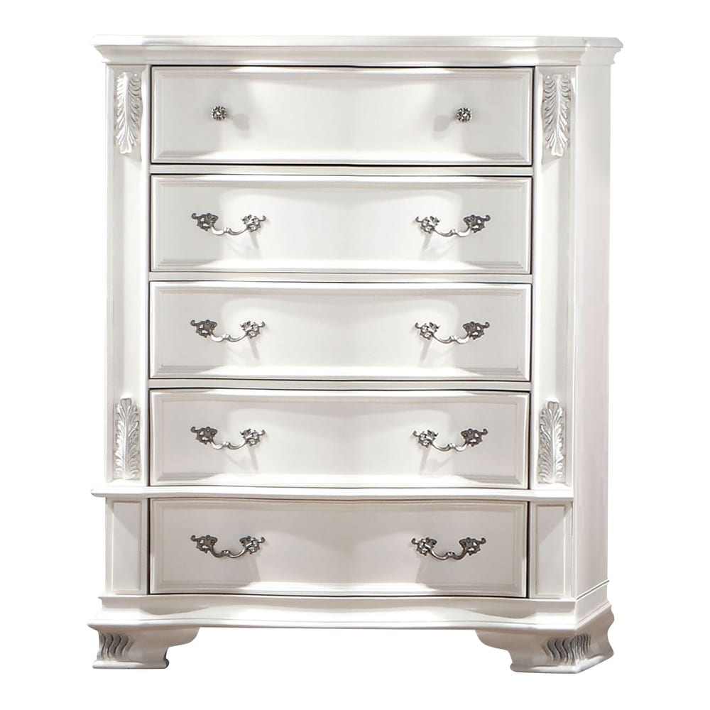Traditional 1pc Chest Dovetail Drawers Pearl White Color Faux Wood Carved Details Bedroom Furniture
