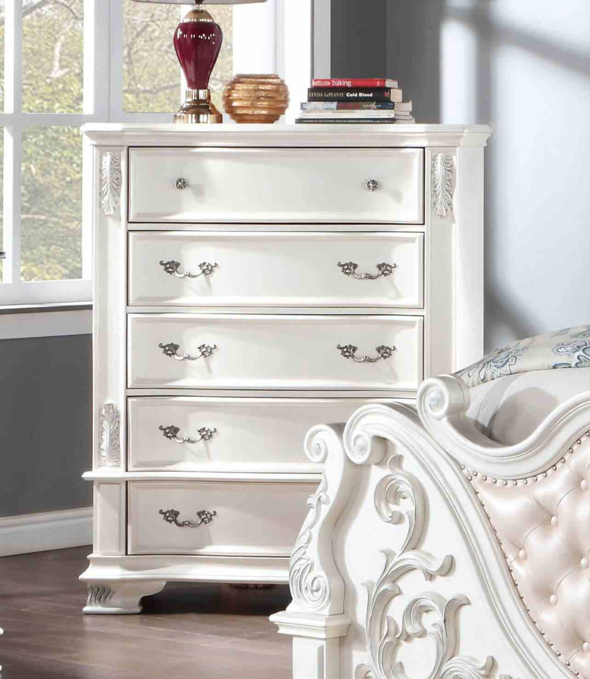 Traditional 1pc Chest Dovetail Drawers Pearl White Color Faux Wood Carved Details Bedroom Furniture
