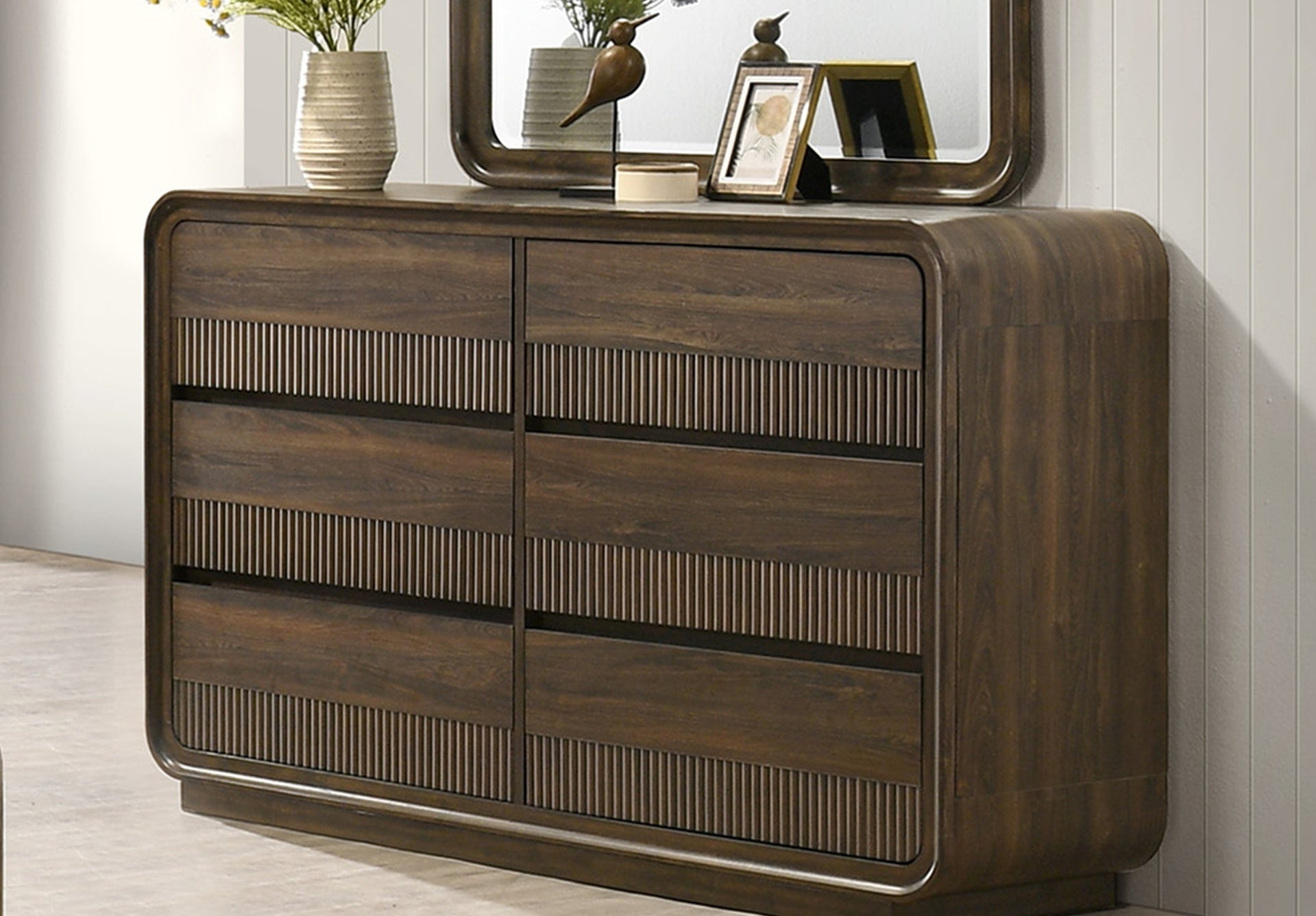 Mid-century Flair Rounded Edges 1pc Dresser Warm Wood Finish Six Drawer Storage Wooden Bedroom Furniture