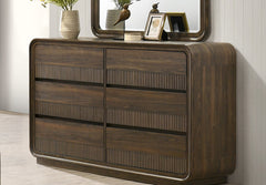 Mid-century Flair Rounded Edges 1pc Dresser Warm Wood Finish Six Drawer Storage Wooden Bedroom Furniture