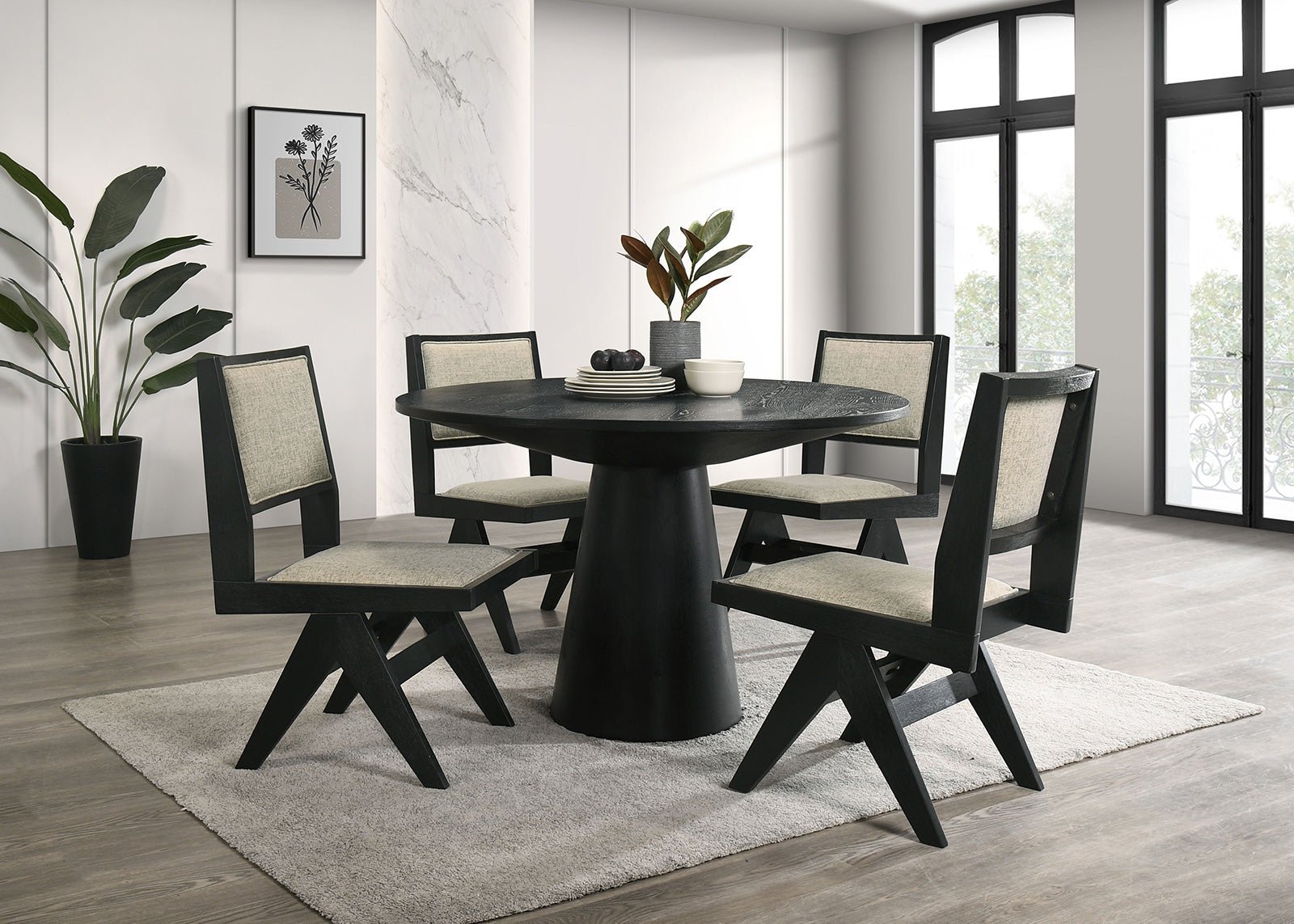 Contemporary 5pc Black Dining Set Gray Upholstery Table w 4x Side Chairs 48" Round Dining Table