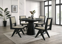 Contemporary 5pc Black Dining Set Gray Upholstery Table w 4x Side Chairs 48" Round Dining Table