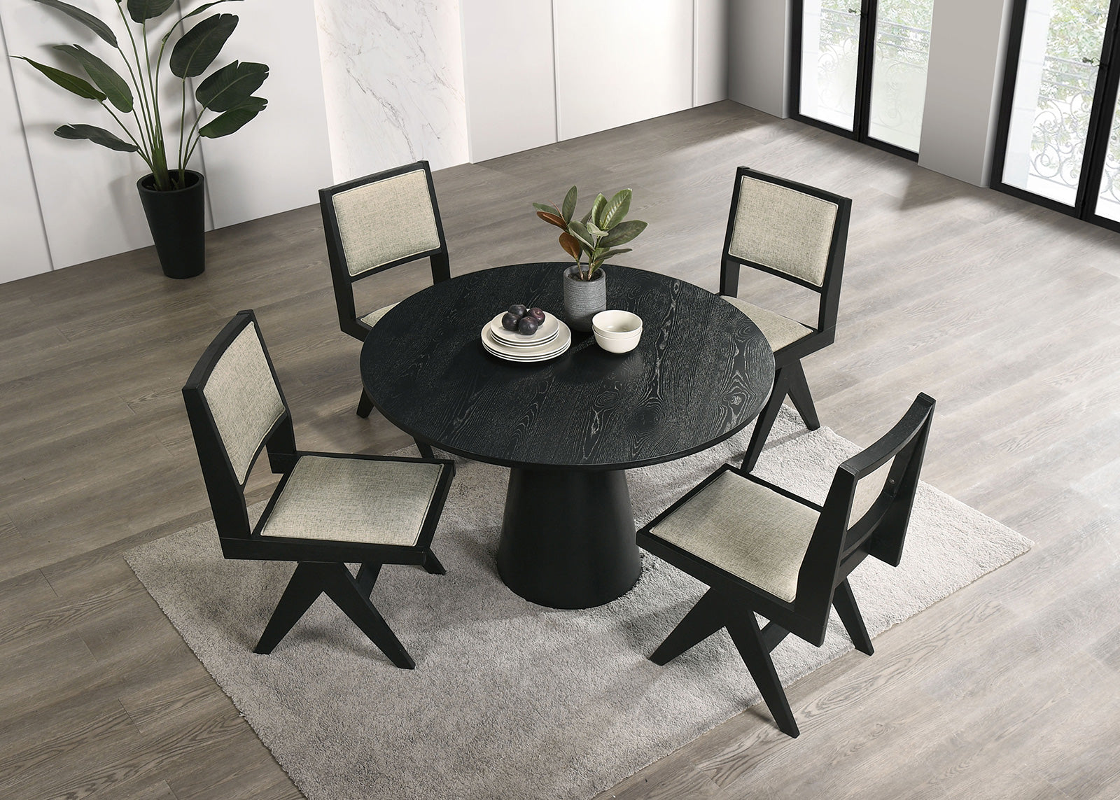 Contemporary 5pc Black Dining Set Gray Upholstery Table w 4x Side Chairs 48" Round Dining Table