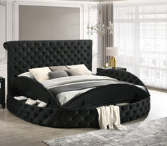 1pc Unique Round Plush Black Velvet Button-Tufted Detailing Storage Bed King Size