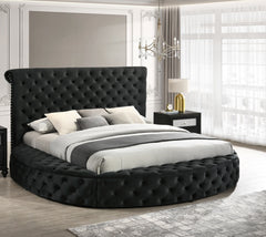 1pc Unique Round Plush Black Velvet Button-Tufted Detailing Storage Bed King Size