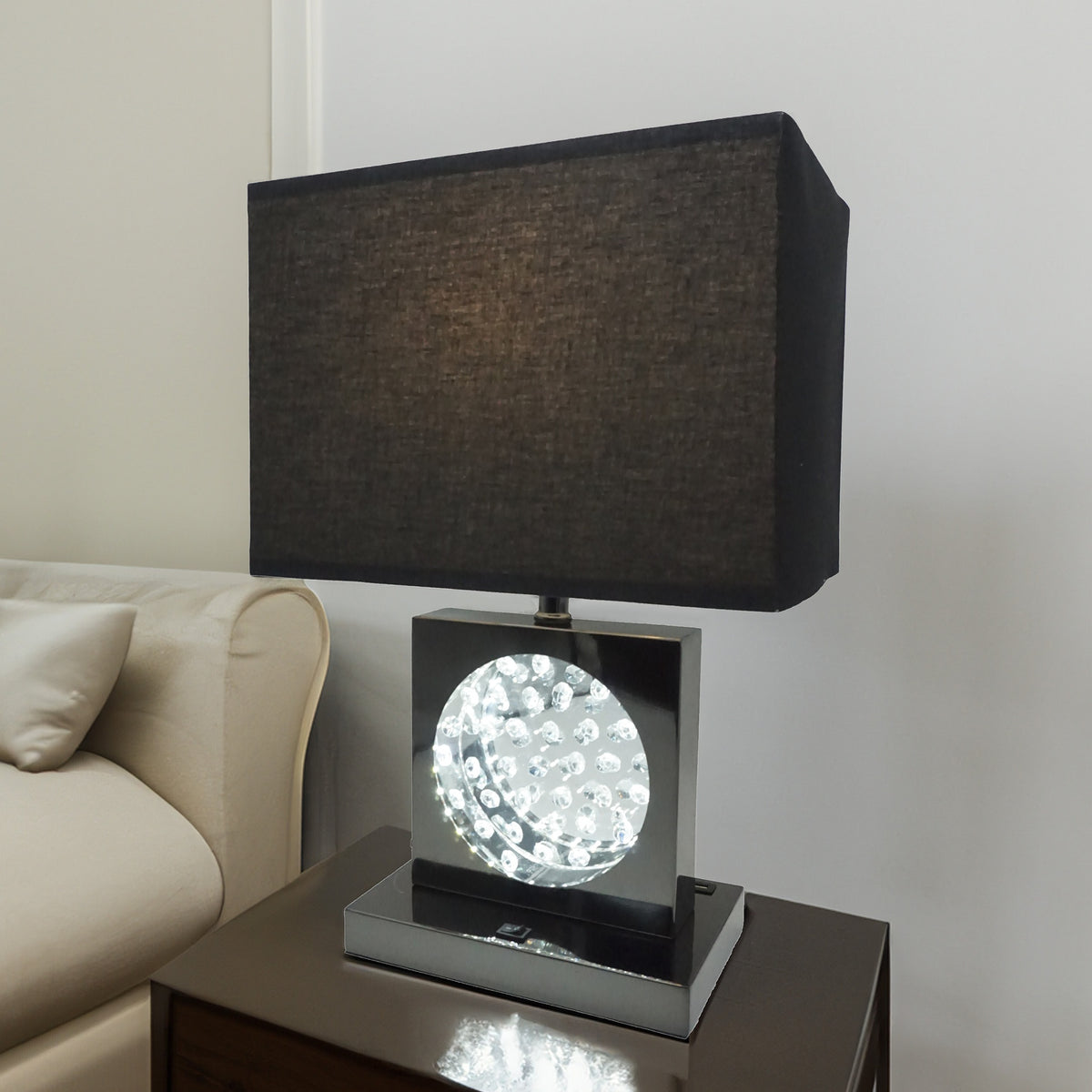1pc Luxury Crystal Accent Table Lamp Black Nickel Led Light Touch Lamp Rectangular Shade