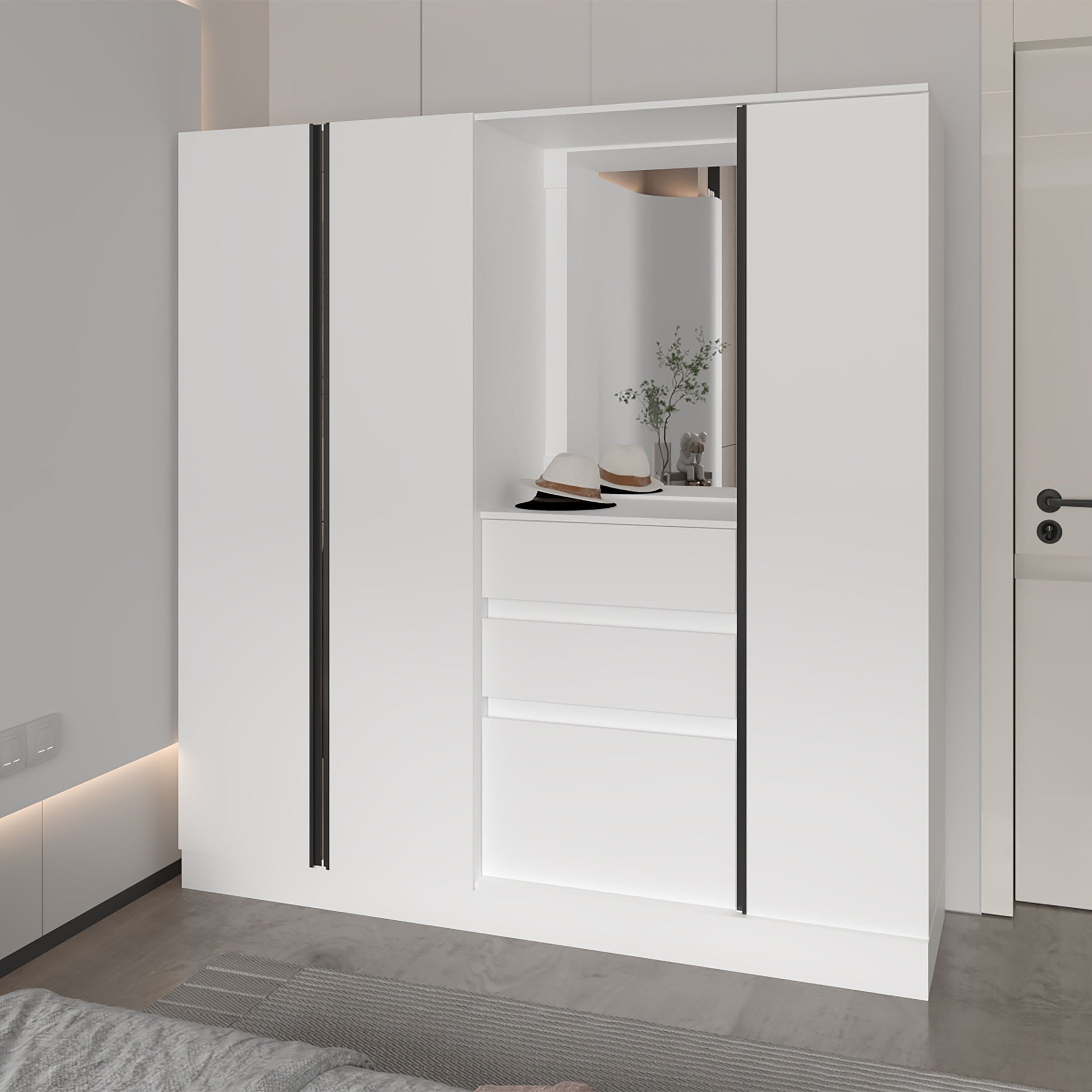 White Wardrobe Organizer with Mirror and Storage Compartments