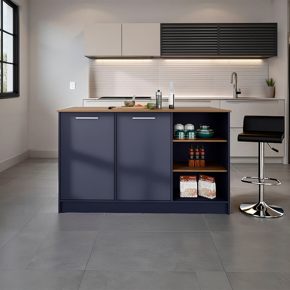 Kronos Blue and Natural Oak Kitchen Island with 2 Doors and Open Storage