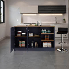 Kronos Blue and Natural Oak Kitchen Island with 2 Doors and Open Storage