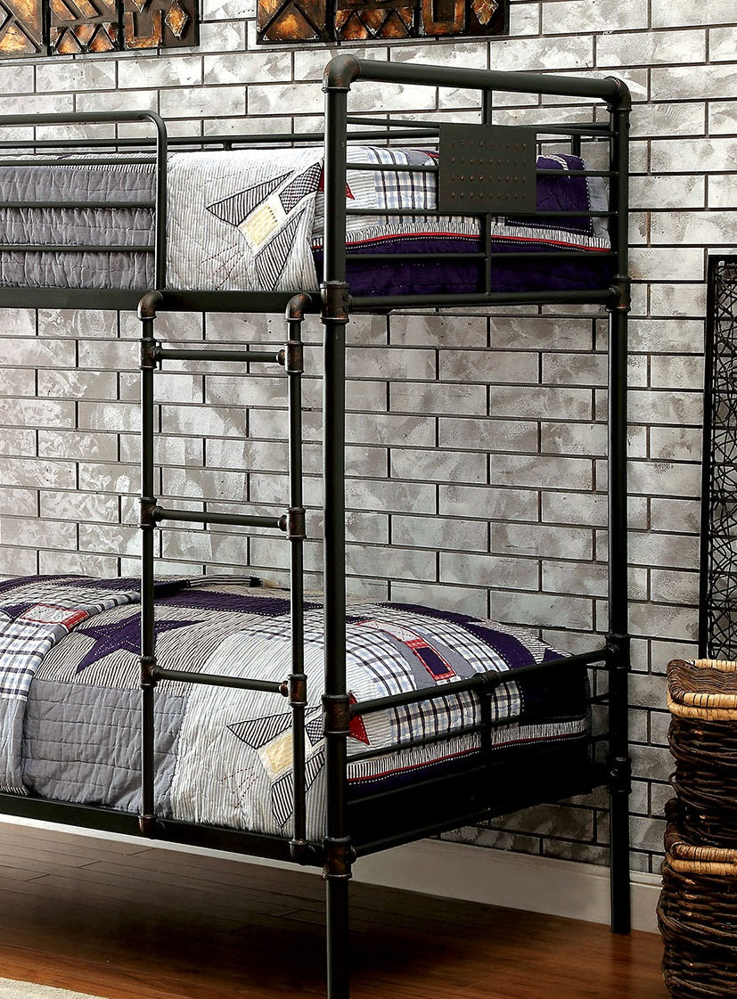 Industrial Style Bunk Bed Twin Over Twin Attached Ladder Full Metal And Pipe Inspired  Structure Upper Guard Rails Antique Black