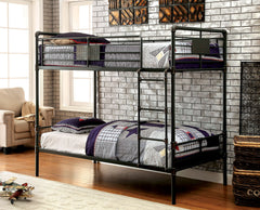 Industrial Style Bunk Bed Twin Over Twin Attached Ladder Full Metal And Pipe Inspired  Structure Upper Guard Rails Antique Black