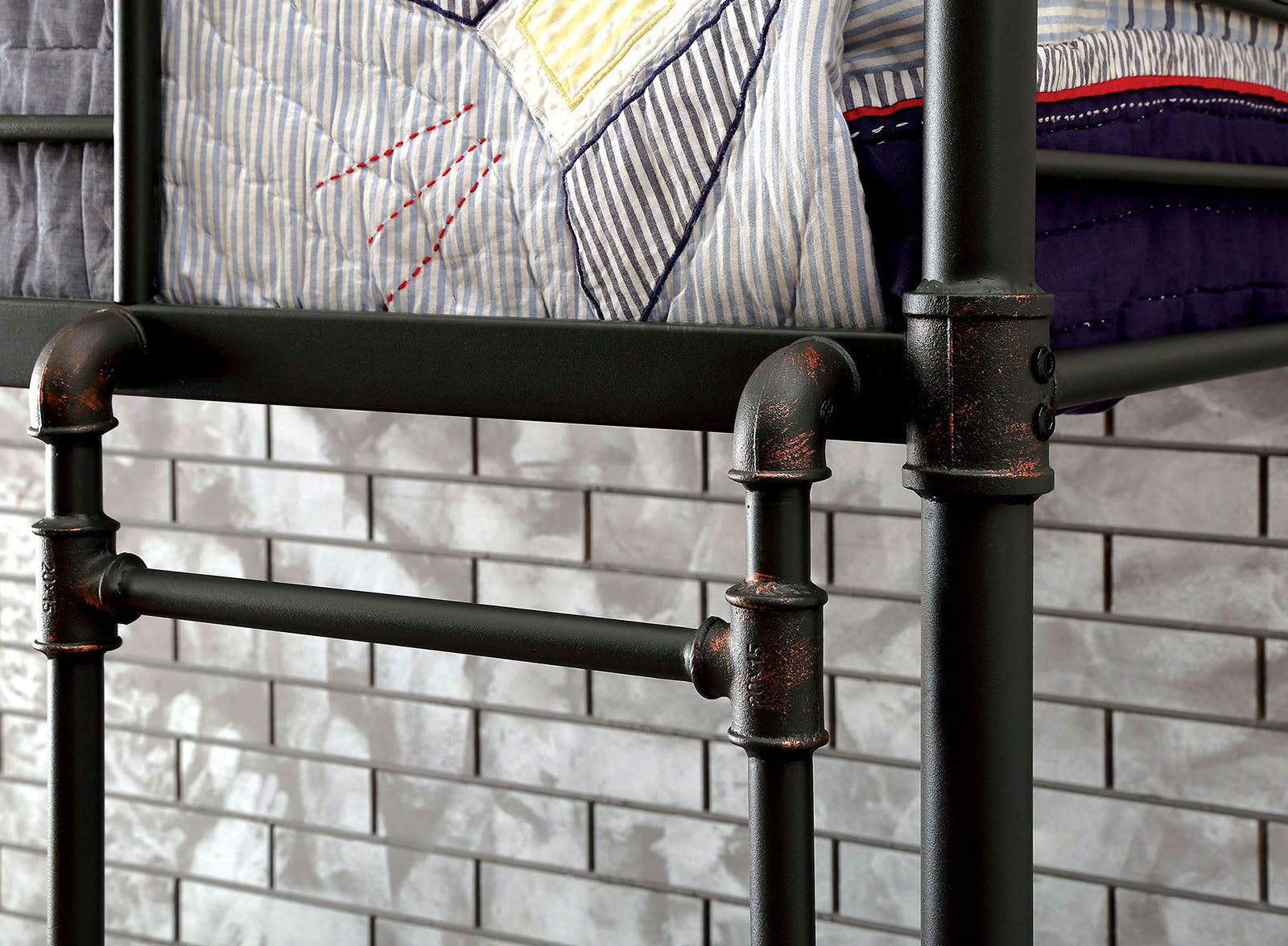 Industrial Style Bunk Bed Twin Over Twin Attached Ladder Full Metal And Pipe Inspired  Structure Upper Guard Rails Antique Black