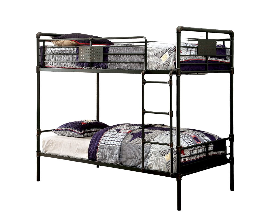 Industrial Style Bunk Bed Twin Over Twin Attached Ladder Full Metal And Pipe Inspired  Structure Upper Guard Rails Antique Black