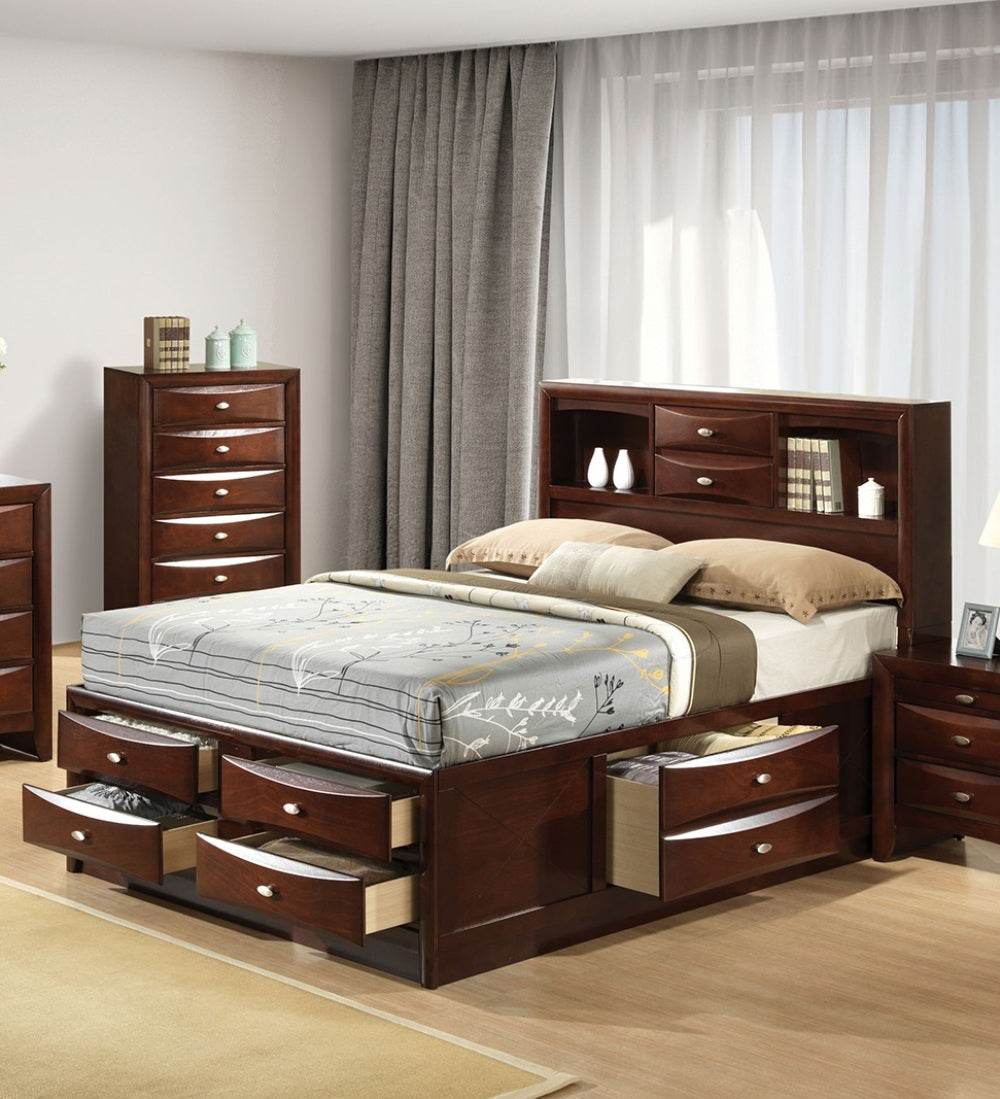 Contemporary Queen Size Bed W Footboard Drawers Headboard Bookcase Cherry Color 1pc Bed Bedroom Furniture