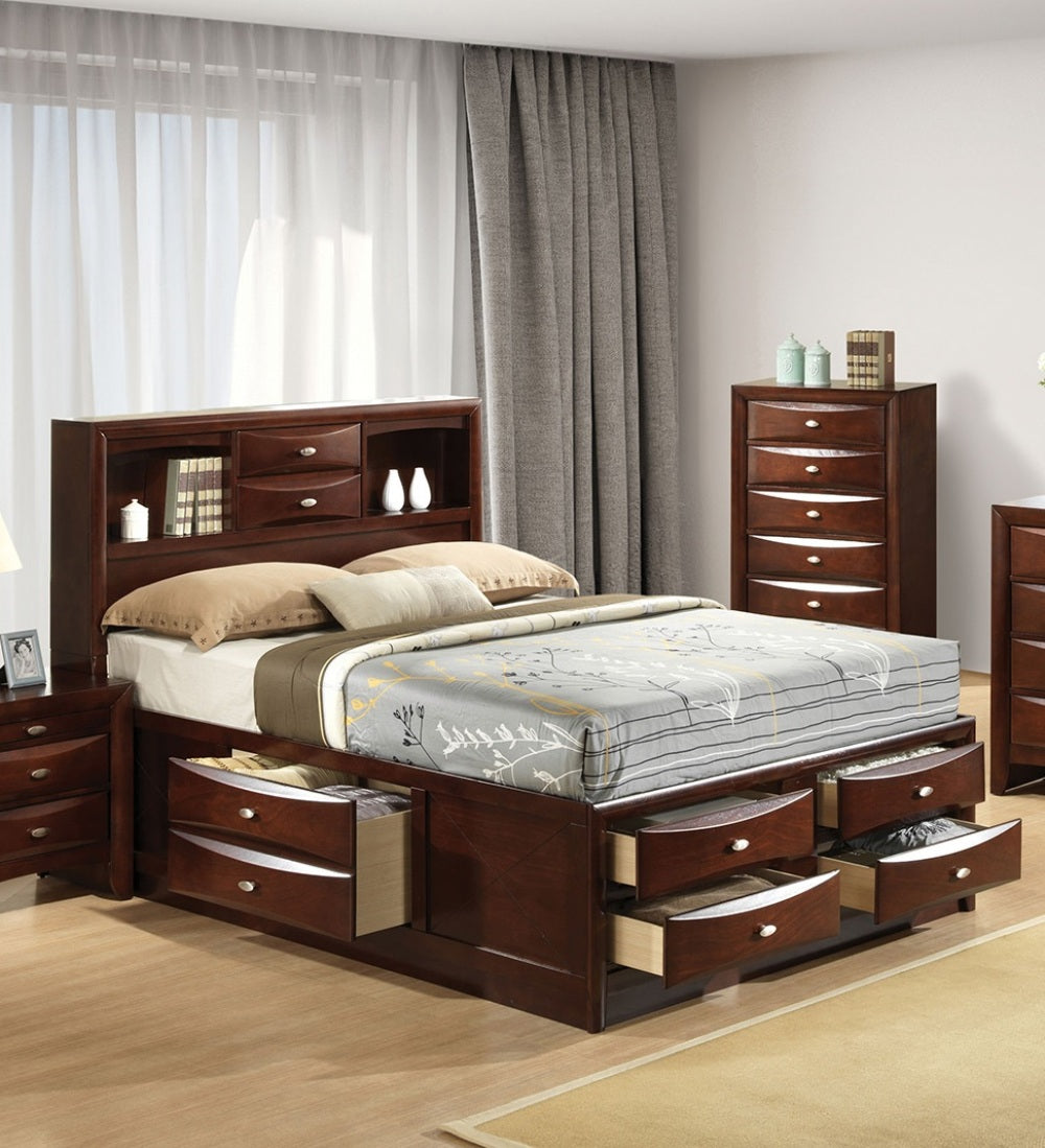 Contemporary Queen Size Bed W Footboard Drawers Headboard Bookcase Cherry Color 1pc Bed Bedroom Furniture