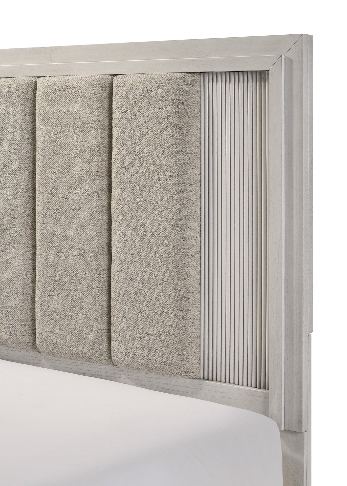 1pc Queen Size Bed Mist White Finish Sleek Linear Details Plush Upholstered Headboard Framed Wooden Bedroom Furniture